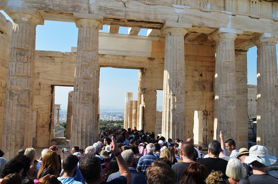 Athens, Greece, 10.28.2019.  Turn, queue, many people at the entrance to the Athenian Acropolis (Propylaea). world heritage site. Religious building of ancient times. 