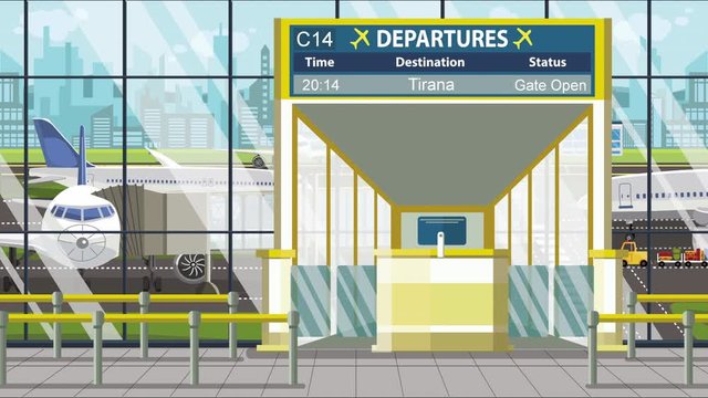 Airport gate. Departure board with Tirana text. Travel to Albania related loopable cartoon animation