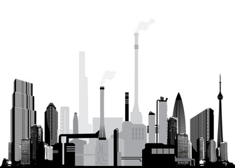 Fototapeta na wymiar 2D vector illustration template with industrial facility buildings and skyscrapers.