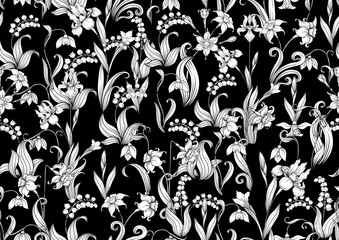 Spring flowers. Narcissus, Iris flower, lily of the valley, may-lily, Seamless pattern, background. Black and white graphics. Vector illustration. In art nouveau style, vintage, old, retro style