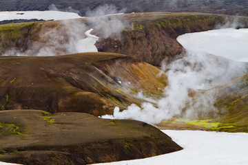 Icelandic mountain landscape. Hot springs and volcanic mountains in the Landmannalaugar geotermal...