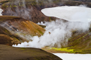 Icelandic mountain landscape. Hot springs and volcanic mountains in the Landmannalaugar geotermal area. One of the parts of Laugavegur trail