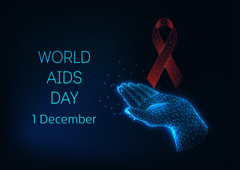 World AIDS day banner template with red glowing low polygonal ribbon bow and holding hand