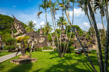 Buddha park Xieng Khouane in Vientiane, Laos. Famous travel tourist landmark of Buddhist stone...