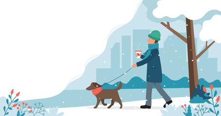 Man walking the dog in winter. Cute vector illustration in flat style.