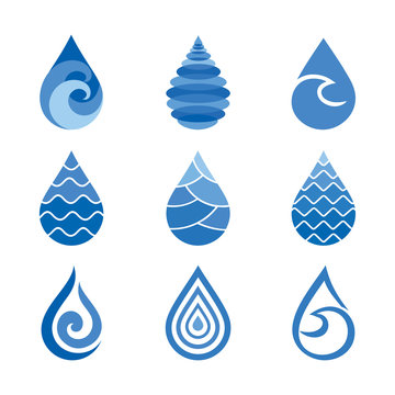 Water drops. Set of modern vector icons or logo templates. Can be used for healthcare and ecology, care of environmental protection, hydro therapeutic, eco friendly water, SPA-center. 