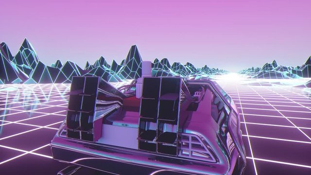 Retro future, 80s style Sci-Fi Background. Futuristic car. Seamless loop 3d video animation