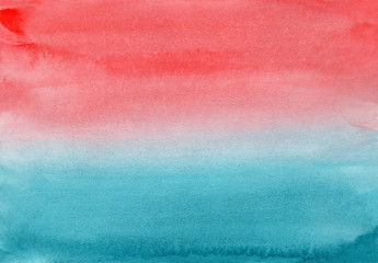 Horizontal gradient from blue to coral pink watercolor background, wash technique. Bright sunset sky and water watercolour textured concept for software, ui design, web, apps wallpaper, banner