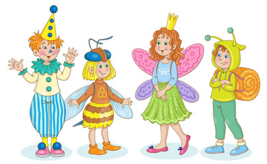 Obraz na płótnie Canvas Cute little children in carnival costumes. Honey bee, clown, butterfly and snail. For a school party. In cartoon style. Isolated on white background.