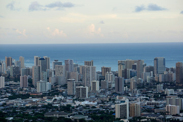 Fototapeta na wymiar Aerial of Honolulu, Waikiki, Buildings, parks, hotels and Condos