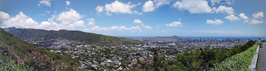 Fototapeta na wymiar Aerial view of Diamondhead, Kapiolani Park, Waikiki, Ala Wai Canal and Kapahulu town