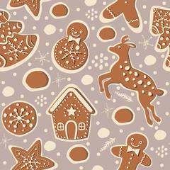 Seamless Winter Pattern with hand drawn cookies and funny winter doodles. Delicate Design.