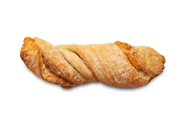 Cheese bread. Top view of fresh baked homemade bread with cheese on a white background.