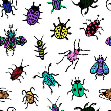 Hand drawn vector beetles set. Black and white insects for design, icons, logo or print. Drawn with dots.