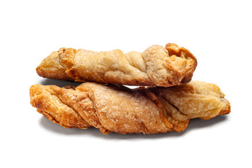 Cheese bread. Close up of two loaves of fresh home-baked bread with cheese on a white background.
