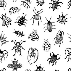 Hand drawn vector beetles set. Black and white insects for design, icons, logo or print. Drawn with dots.