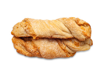 Cheese bread. Top view of two rolls fresh home-baked bread with cheese on a white background.