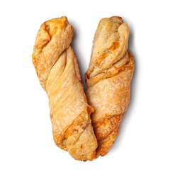 Cheese bread. Top view of rolls ruddy warm bread homemade pastries with cheese on a white background folded in the shape of a letter 