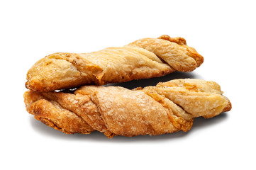 Cheese bread. Close-up of two rolls of ruddy home-baked bread with cheese on a white background.