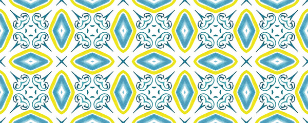 Obraz premium Antique portuguese tiles. Blue and yellow Azulejos ceramic. Spanish pottery..Sicily italian majolica. Vintage ethnic background . Mediterranean watercolor seamless wallpaper. Moroccan ornaments .