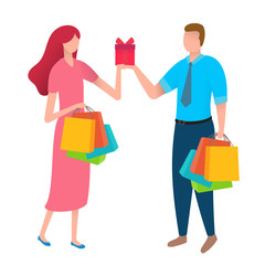 Couples shopping with bags and packages isolated on white background. Composition with beautiful man and woman make various purchases on store in cartoon flat style. Vector colorful illustration.