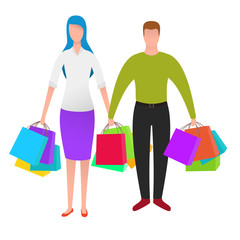 Couples shopping with bags and packages isolated on white background. Composition with beautiful man and woman make various purchases on store in cartoon flat style. Vector colorful illustration.