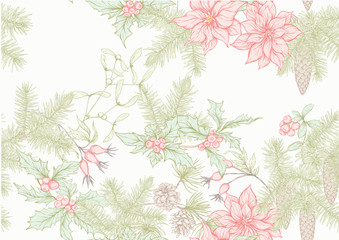 Christmas wreath of spruce, pine, poinsettia. Seamless pattern, background. Graphic drawing engraving style. Vector illustration