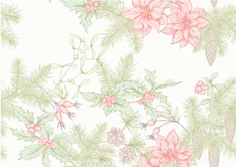 Fototapeten Christmas wreath of spruce, pine, poinsettia. Seamless pattern, background. Graphic drawing engraving style. Vector illustration © Elen  Lane