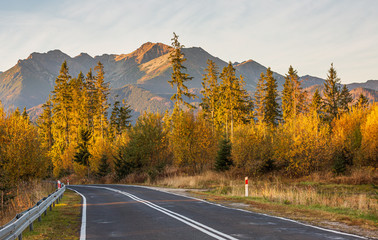 Autumn Fall Road Landscape with view of the Tatra Mountains. 