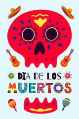 Mexican Day of the Dead Dia de Los Muertos poster. National festival greeting card with skeleton hand drawn lettering flowers skull on light background. Vector illustration banner