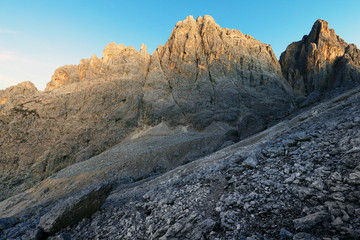 Sunset autumn landscape in Cadini di Misurina, Dolomites, Italy, Europe