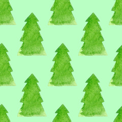 Watercolor decorated Christmas tree fir. Hand drawn evergreen plants, balls solated on white background. Spruce backdrop for design, cards, kids illustration, wrapping paper