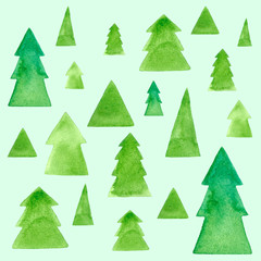 Watercolor decorated Christmas tree fir. Hand drawn evergreen plants, balls solated on white background. Spruce backdrop for design, cards, kids illustration, wrapping paper