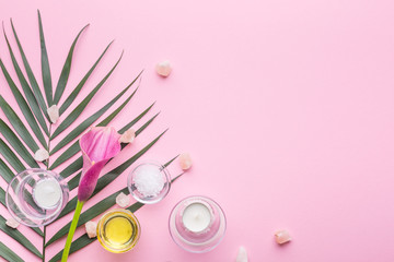 Skin care products on a palm branch on a pink background