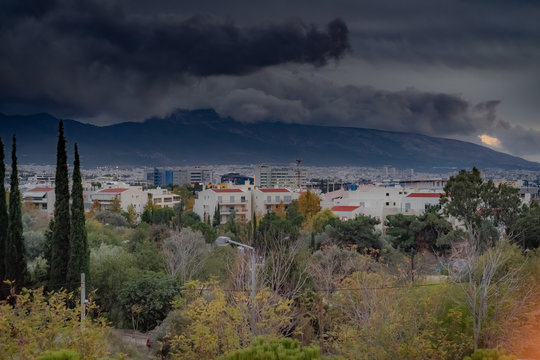 View of Imittos mountain, Athens, Greece on a cloudy day