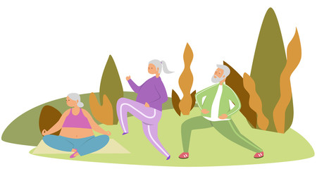 Elderly care and fitness flat vector illustration. Elderly woman and elderly man do sports, exercise, fitness, yoga. Healthy lifestyle of old people. Senior man and woman have fun outdoors together.