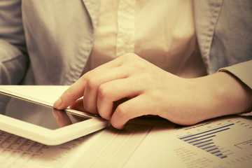 Financial accounting Business woman using tablet computer