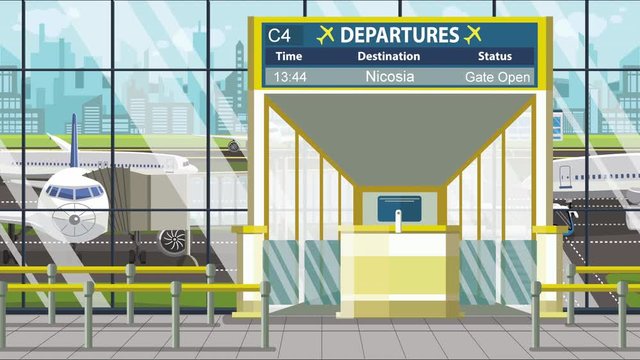 Departure board in the airport terminal with Nicosia caption. Travel to Cyprus loopable cartoon animation