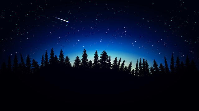 Night landscape with dark silhouettes of forest, sky with stars and falling star or comet
