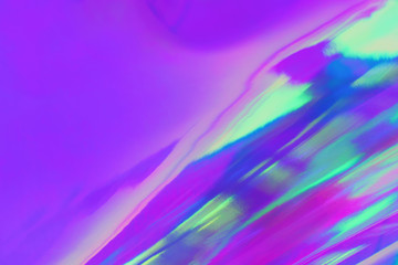 Abstract trendy holographic background in 80s style. Blurred texture in violet, pink and mint colors with scratches and irregularities. Neon colors.