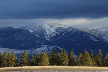 Montana countryside with snowcapped mountains in the background