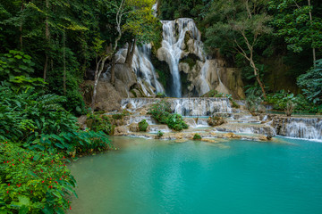 Fototapeta na wymiar Turquoise water of Kuang Si waterfall, Luang Prabang, Laos. Tropical rainforest. The beauty of nature.