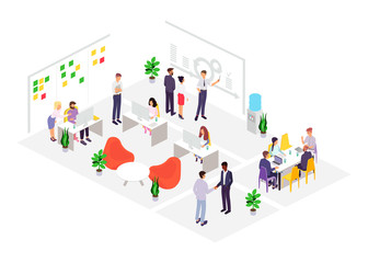 Office set flat isometric vector illustration. People work together in the office, business management, online communication, coworking concept, scram and team building, startup, landing page concept.
