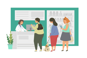 Pharmacy with nurse in counter and visitors flat vector illustration. Pharmacist advice a man drug treatment. The concept of the season of colds, treatment for the virus and disease, medications sale