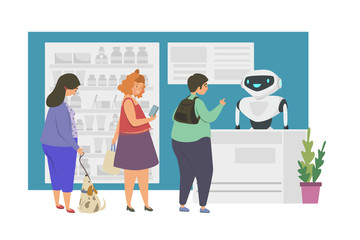 Consultant robot at pharmacy checkout counter vector. Instead of a man, a robot works in pharmacy, сoncept of replacing human labor and smart pharmacy. People buy medicine for illness, flu, colds.