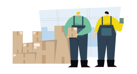 Parcel and cargo delivery, transport company flat vector illustration. Concept for shipping, delivery service. Two man stand with parcels in front of boxes. Delivery man, courier service template.