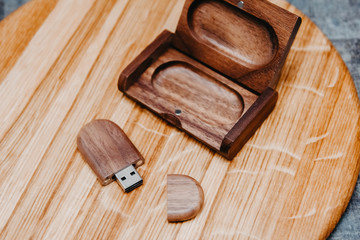 Wooden usb flash drive in a box of solid wood. Handwork.