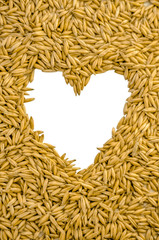 Heart shaped oatmeal with place for designers. Oats love concept. unrefined grains. isolate. healthy food. diet recipes. proper nutrition. postcard, banner.