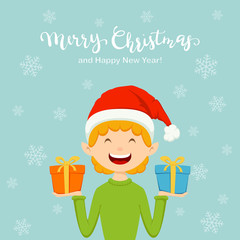 Elf with Christmas Presents on Blue Background