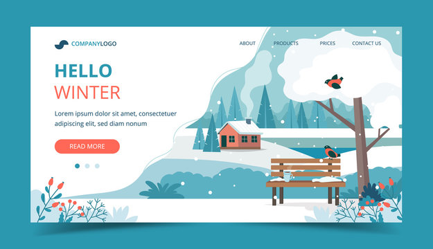 Hello winter, landscape with cute bench in the park. Landing page template. Vector illustration in flat style